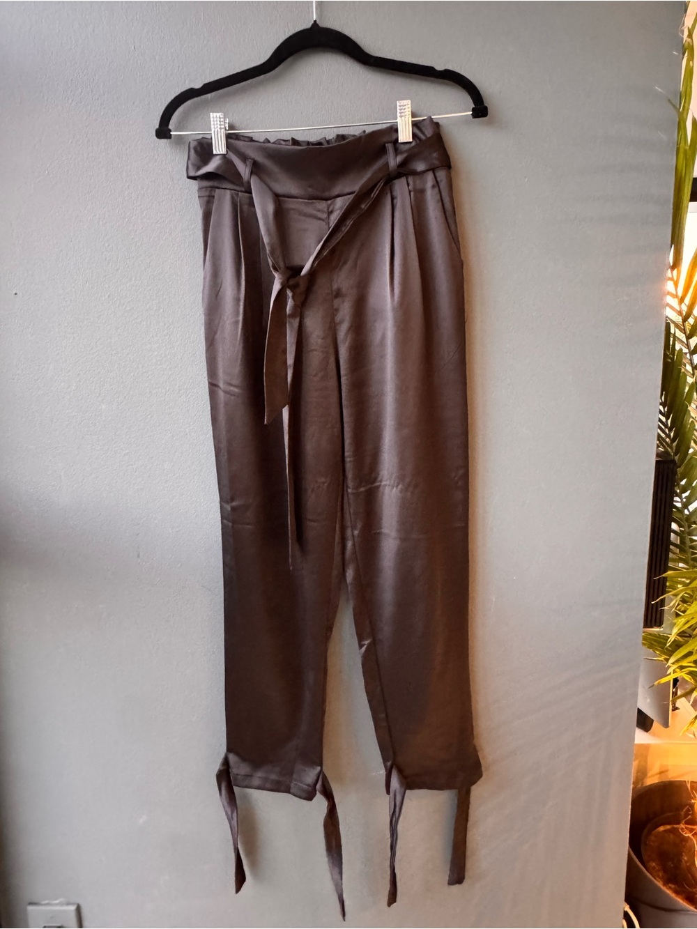 Women’s Satin Paperbag Waist Tie Pants - Chocolate Brown